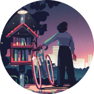 Femme avec vélo appuyée contre une bibliothèque en plein air